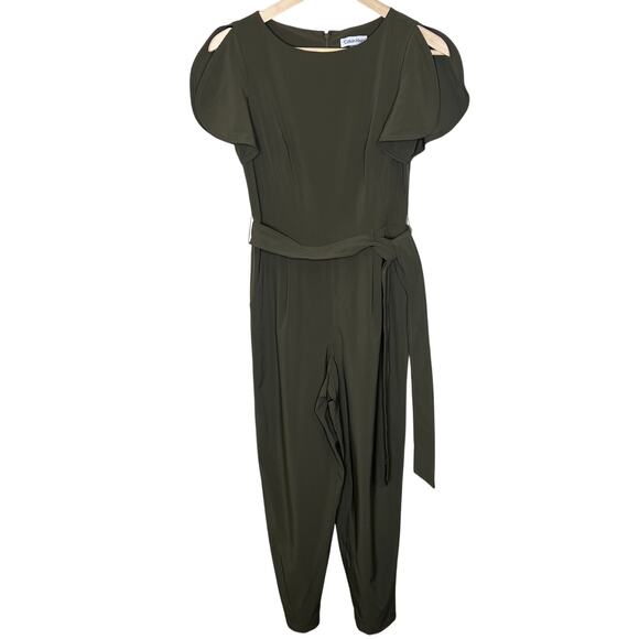 Calvin Klein Jumpsuit w Pockets 2 Women Green Belted Crop Tapered Flutter Sleeve - Picture 2 of 9